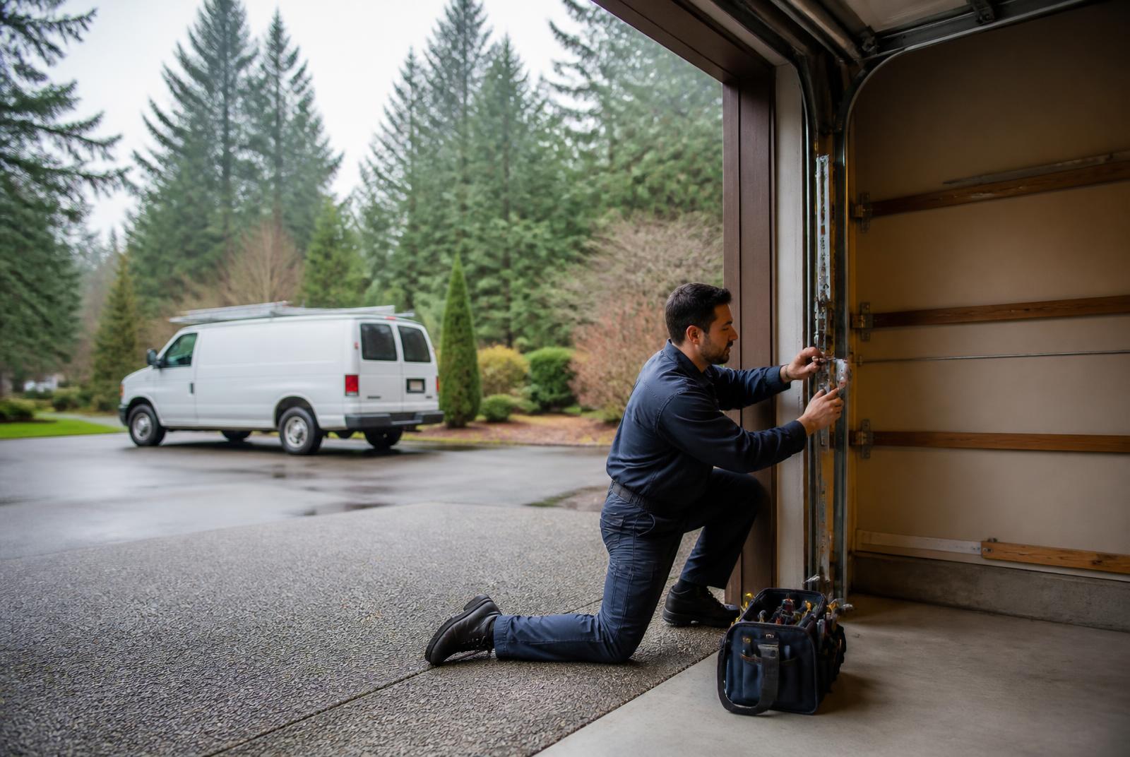 Garage door technician servicing a residential garage door at a Salem, Oregon home